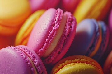 Close up of a bunch of pink, yellow, and purple macarons. The macarons are arranged in a way that they look like they are sitting on top of each other. The colors of the macarons are vibrant