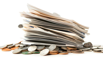 stack of financial documents surrounded by various coins, symbolizing money management and budgeting