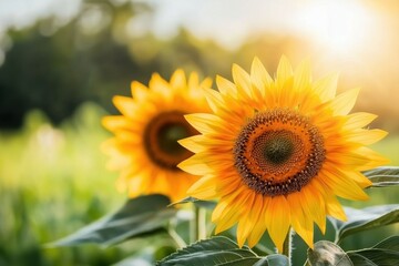 Obraz premium Bright Sunflowers Blooming in Field with Soft Warm Sunlight