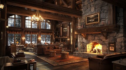 Classic mountain lodge with a roaring fireplace and rustic furniture