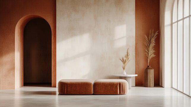 Minimalist, terracotta interior with curved archway, sofa and plant.
