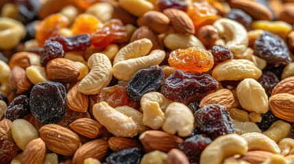 Bowl of mixed nuts and dried fruit. The nuts are almonds, cashews, and walnuts. The dried fruit is raisins and cranberries. The bowl is full and colorful
