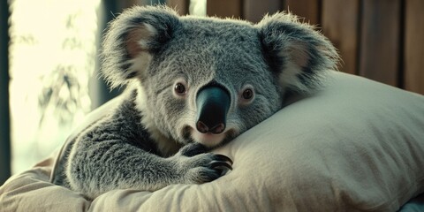 Obraz premium Adorable koala with a surprised look on its face, resting against a pillow.