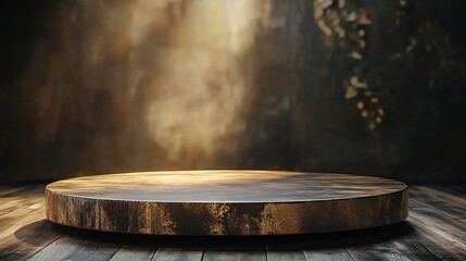 A round wooden podium serves as the backdrop for a product presentation, with cinematic lighting creating a dark and moody atmosphere.