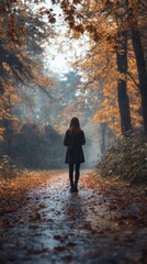 Solitary figure standing in an autumn forest pathway with fallen leaves.
