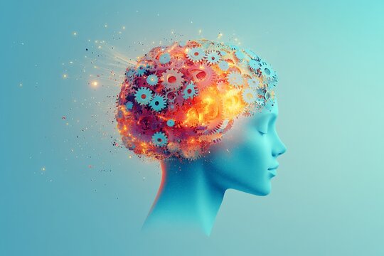 Abstract depiction of a human head with gears exploding from the brain, showcasing creative thinking and technological innovation.