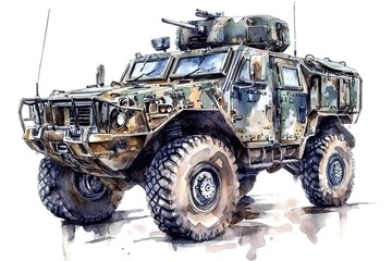 Fototapeta premium Watercolor product design sketch of an army Humvee, white background