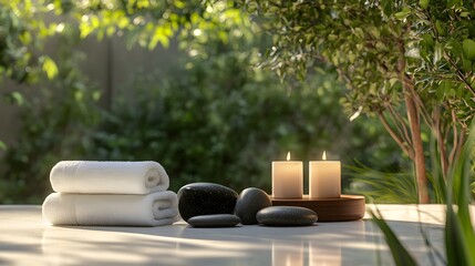 Fototapeta premium Serene Spa Setting With Towels Candles And Stones