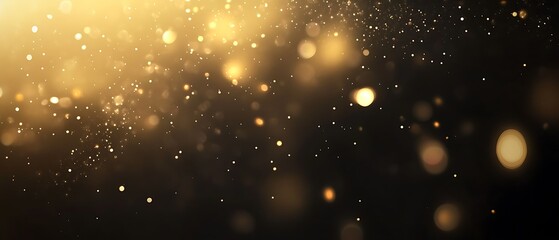 Fototapeta premium Golden dust particles float, dark background, bokeh effect, design element.