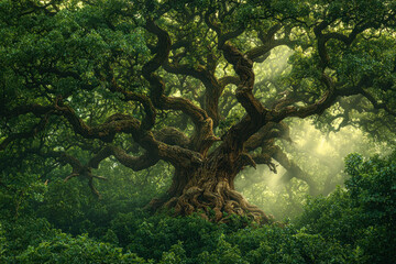 Majestic ancient oak tree with thick, gnarled branches in a sunlit forest.