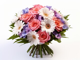 Beautiful Bouquet of Pink Roses, White Daisies, and Purple Flowers Isolated on a White Background for Various Creative Projects