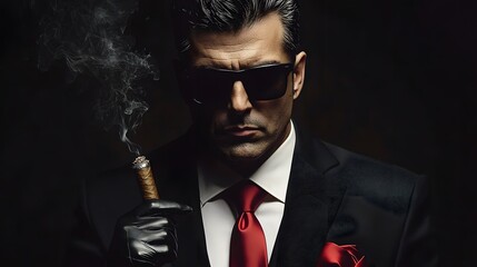 Fototapeta premium Mysterious Man in Suit with Cigar and Sunglasses in Dark Setting
