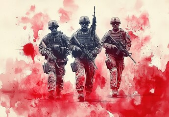 Fototapeta premium 3 soldiers in modern combat gear, with red and white color splashes, a double exposure effect, in a watercolor style