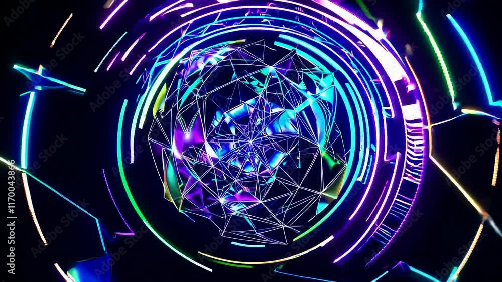 Poster intricate wireframe sphere surrounded by swirling neon light patterns in vibrant colors on a dark ba