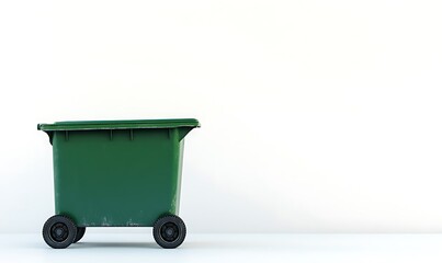 A green trash bin on wheels against a plain white background.
