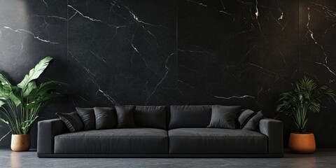 Modern black lounge sofa with gray marble wall in contemporary style interior decor.