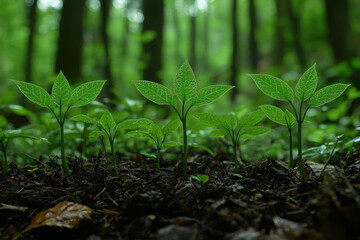 Small green plants growing in forest soil.