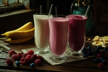 Three delicious smoothies, one each of banana, raspberry, and blueberry with milk, displayed on a table. Bananas and fresh berries on the side.