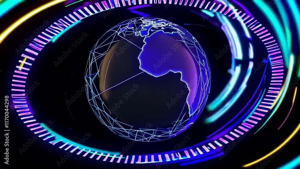 Poster rotating futuristic globe with neon continents and intersecting glowing beams on a dark background