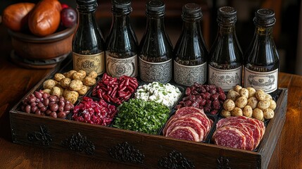Wooden tray with six dark bottles, assorted snacks, cured meat, beans, nuts, cheese, and herbs.
