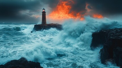 Lighthouse Stands Strong Against Fierce Ocean Storm