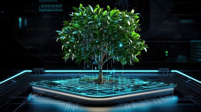 A futuristic depiction of a vibrant tree growing from a digital platform, symbolizing the intersection of nature and technology.