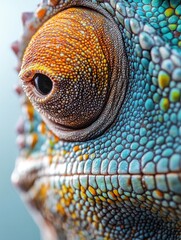 Fototapeta premium Close-up photograph of a colorful chameleon showcasing its unique eye and vivid scales.