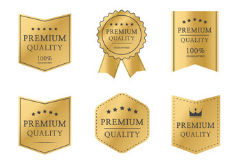 Premium quality badge set. Premium certificate badge. Golden label sign, seal, stamp, sticker. 100 percent quality guaranteed tag. Vector illustration