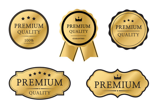 Premium quality badge set. Premium certificate badge. Golden label sign, seal, stamp, sticker. 100 percent quality guaranteed tag. Vector illustration