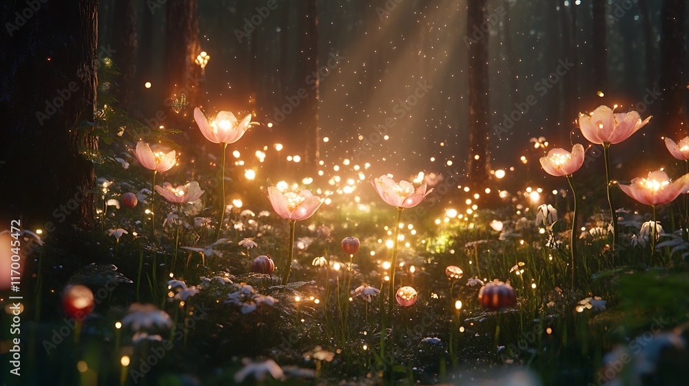 Poster a magical forest with glowing flowers and tiny creatures creating a sense of wonder and joy