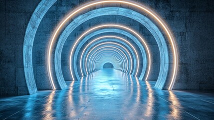 Futuristic blue neon-lit concrete tunnel.