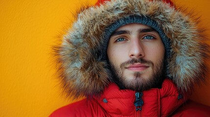 Young man with beard in red winter jacket and fur hood against yellow background.