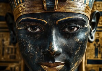 A close-up of the black and gold mask on the Pharaoh's face, with an ominous expression in his eyes. 