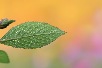 Fresh Green Leaf with Dew Drops Against a Colorful Background