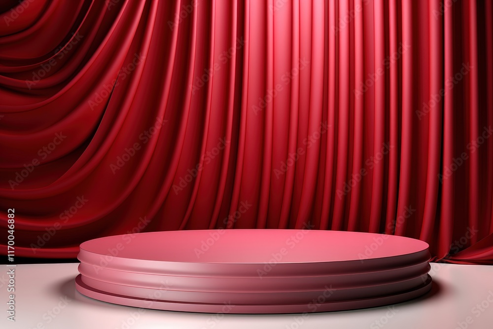 Poster elegant red curtain backdrop with circular stage for photography and multimedia presentations in stu
