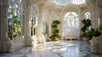 Obraz premium Elegant White Palace Interior with Garden View