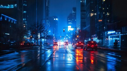 Obraz premium Rainy Night Cityscape: Vibrant Urban Scene