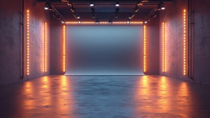 Modern studio photography backdrop with orange lights.