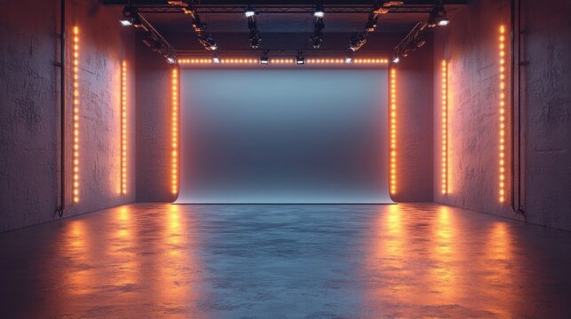 Modern studio photography backdrop with orange lights.