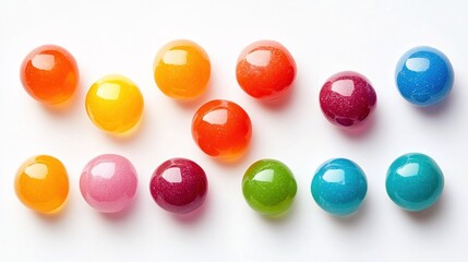 Fototapeta premium Colorful candy-like balls isolated on a white background, top view.