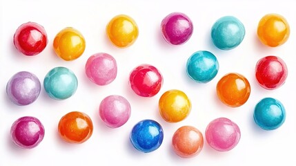  Colorful candy-like balls isolated on a white background, top view.