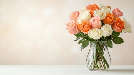 Obraz premium Elegant Bouquet of Roses in Glass Vase on Soft Background with Blurred Lights for Decoration