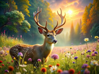 Serene meadow landscape: deer find tranquility, peacefully grazing.