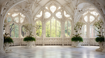 Stunning White Palace Interior with Lush Plants
