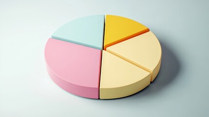 Fototapeta premium Colorful pie chart, pastel colors, cyan blue, yellow, pink, red segments, 3D rendering, smooth texture, soft lighting, minimalist design, business analytics concept, data visualization, clean backgrou