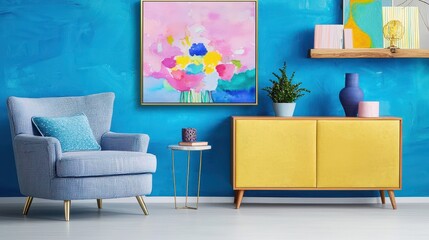 Bright and Colorful Living Room with Blue Walls and Stylish Furniture Featuring Abstract Art