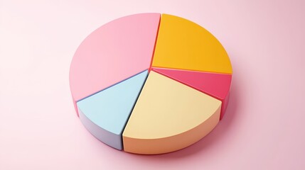 Fototapeta premium Colorful pie chart, pastel colors, cyan blue, yellow, pink, red segments, 3D rendering, smooth texture, soft lighting, minimalist design, business analytics concept, data visualization, clean backgrou
