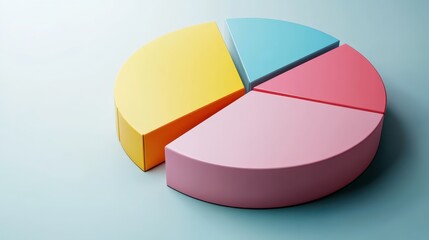 Obraz premium Colorful pie chart, pastel colors, cyan blue, yellow, pink, red segments, 3D rendering, smooth texture, soft lighting, minimalist design, business analytics concept, data visualization, clean backgrou