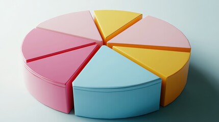 Obraz premium Colorful pie chart, pastel colors, cyan blue, yellow, pink, red segments, 3D rendering, smooth texture, soft lighting, minimalist design, business analytics concept, data visualization, clean backgrou