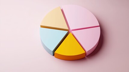 Obraz premium Colorful pie chart, pastel colors, cyan blue, yellow, pink, red segments, 3D rendering, smooth texture, soft lighting, minimalist design, business analytics concept, data visualization, clean backgrou